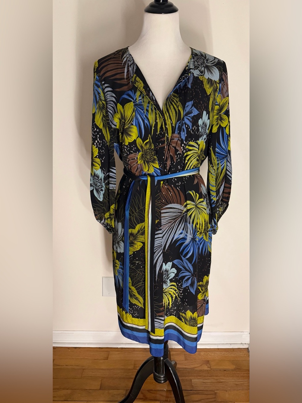Kobi Halperin Black Tropical Floral Wrap Dress with Blue & Yellow Accents